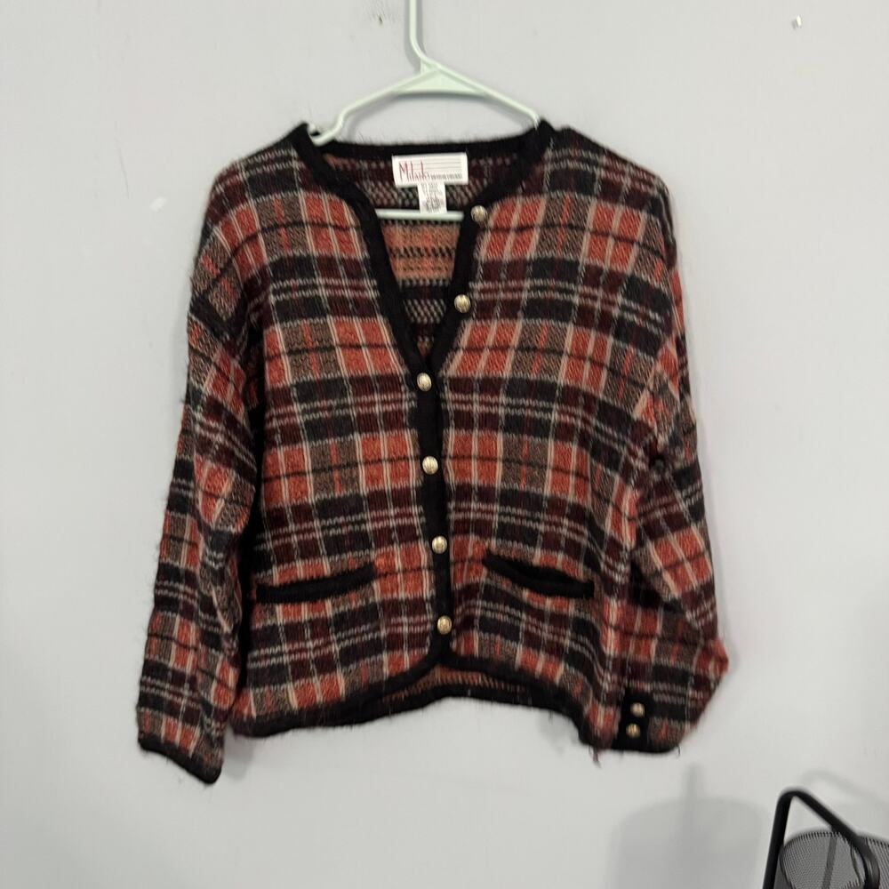 Vintage Milano Design Group Plaid Button Down Sweater Women's Size Large Mohair